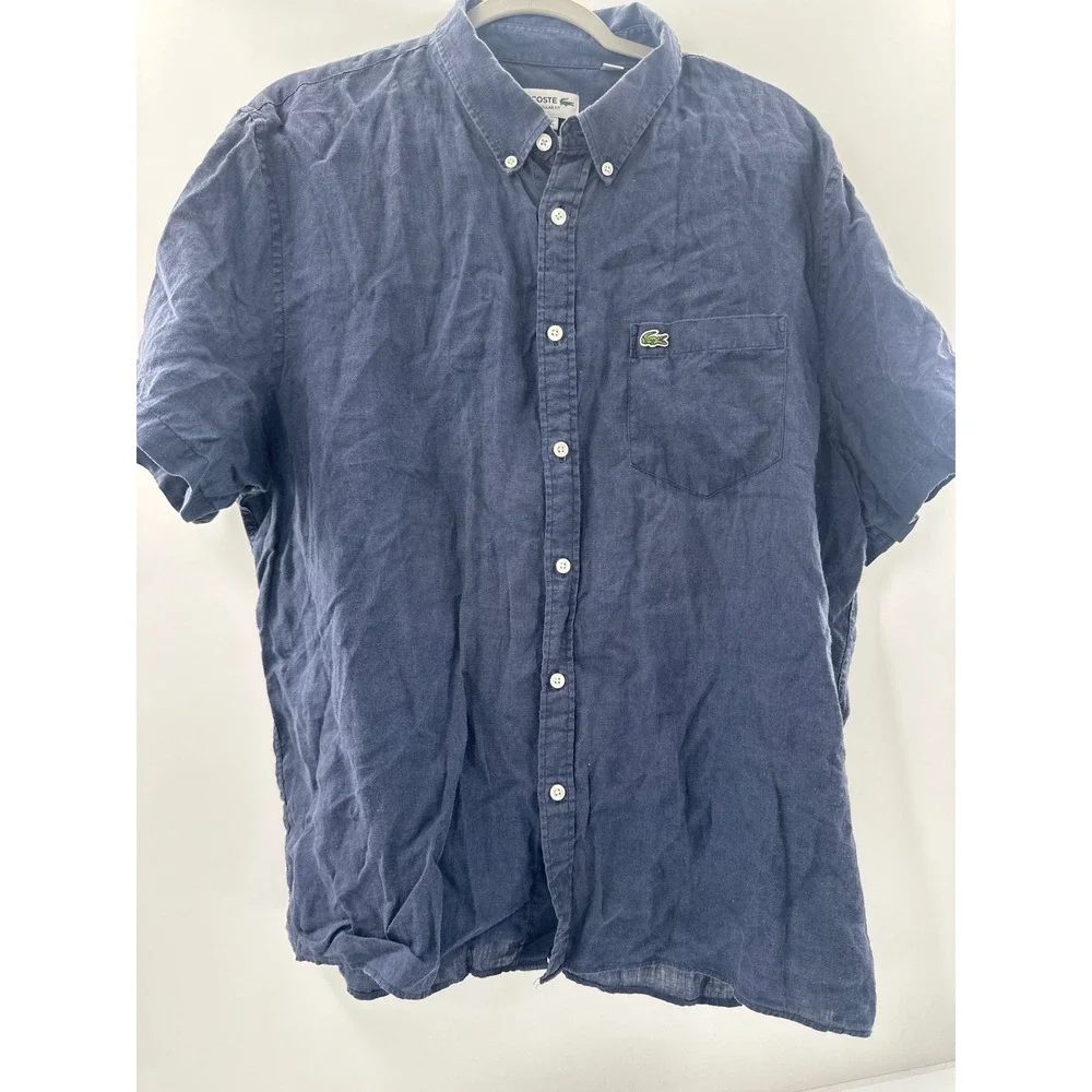 Lacoste Mens Regular Fit Short Sleeve Button Down Shirt Navy Blue US 2XL FR 46 - Picture 1 of 7